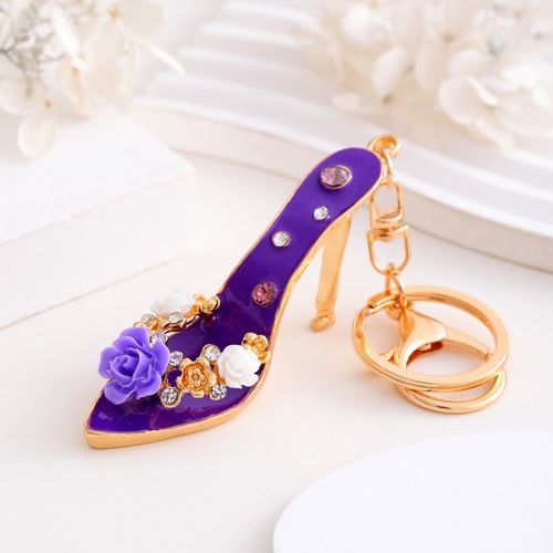 创意时尚玫瑰花高跟o鞋汽车钥匙扣高档水钻凉鞋包包挂件礼品