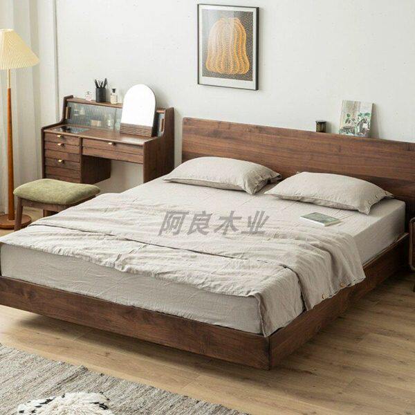 北欧实木床北美黑胡桃木橡木靠背双人床现代简约悬浮床1.8主卧床