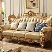 欧式 香槟金色123组合实木雕花别墅奢华古典家具 真皮沙发客厅豪华