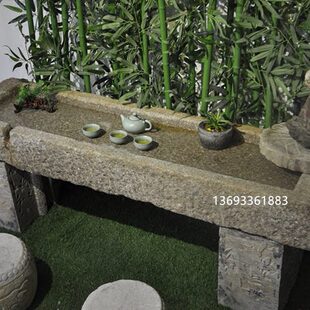 超值老物件青石板可流水石头茶台长方磨盘石墩茶楼别墅装饰品摆件