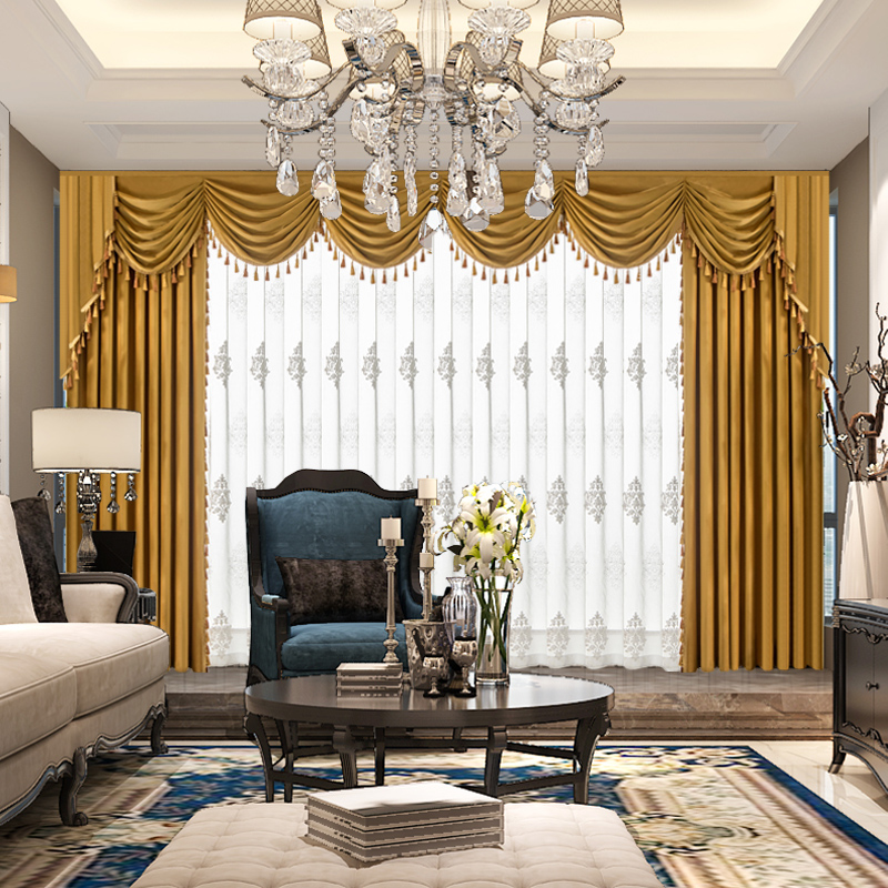 欧式窗帘头纱客厅卧室复古别墅落地F遮光现代简约绑带奢华大气金