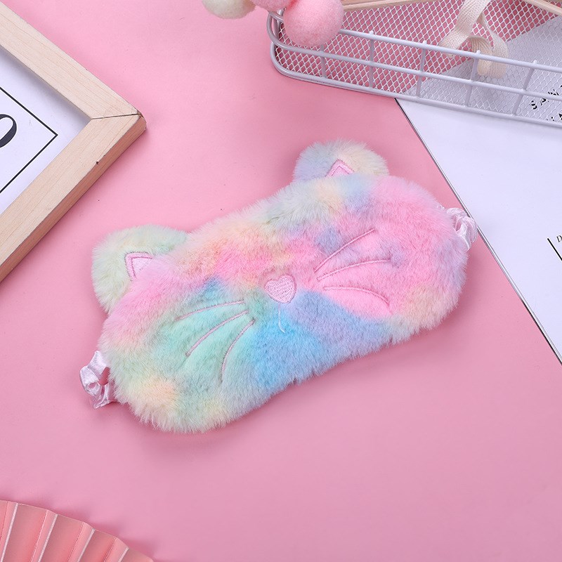 粉色黑色七彩色k猫咪毛绒眼罩雪花色遮光眼罩七彩渐变色卡通眼罩