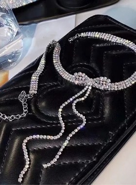 新款蝴蝶结项链少女ins颈链满钻简约时尚气.质个性饰品