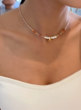 芬达橙色水晶淡水真珍珠方块锆石吊坠项链百搭小众INXS颈链锁骨链