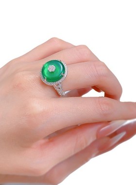 珠宝S925银戒指高碳钻新中式F系列绿玉髓平安扣戒指环时尚女