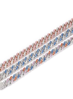 跨境欧美嘻哈手链 12mm微镶海蓝白锆D石古巴链hiphiop嘻哈潮流配