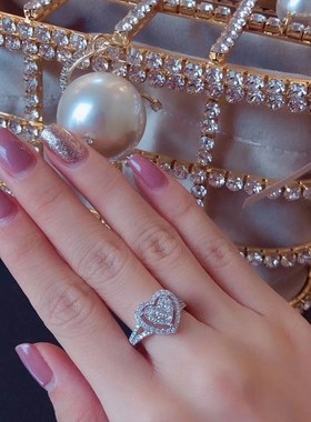 豪华轻奢气e质群镶克拉效果大爱心仿莫桑钻戒指 满钻心形耳钉女