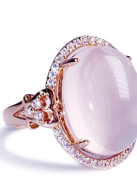 镀S925银仿天j然粉晶芙蓉石镀925戒指淡粉水晶宝石鸽子蛋厂家直销