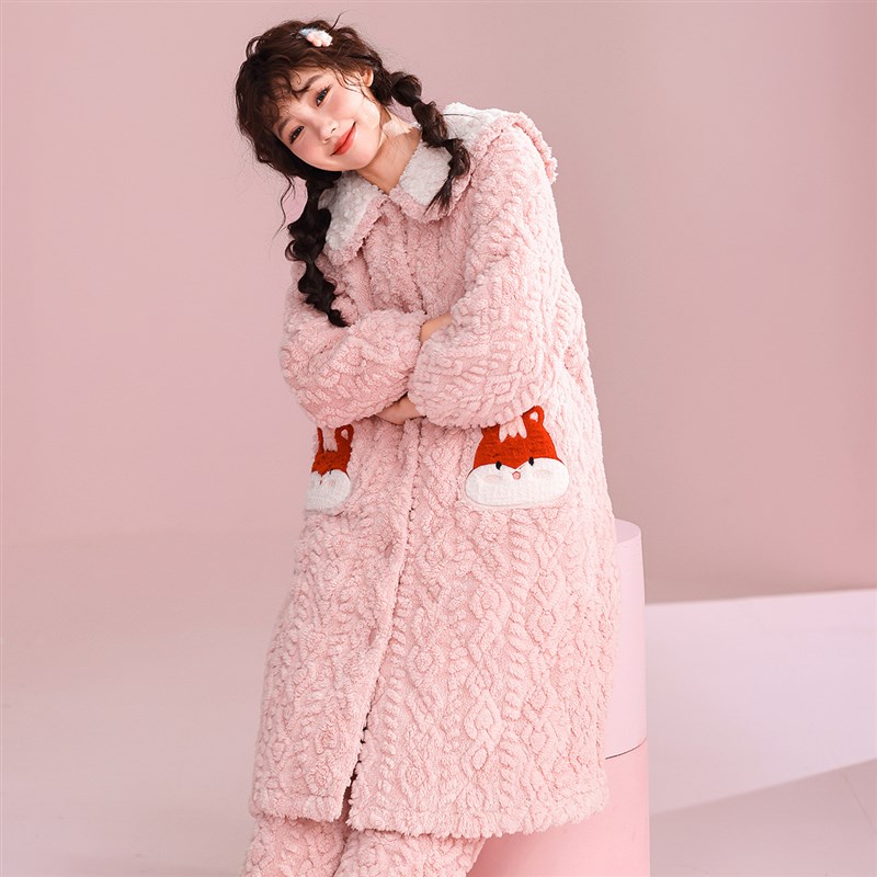 【三层夹棉】冬季新款保r暖睡衣女加厚棉衣可外穿珊瑚绒家居服套