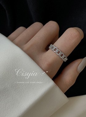 双排满钻甜酷戒指女时尚优雅叠戴个性S92I5银开口指环ins食指戒潮