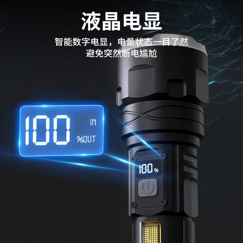 跨境LED超亮远射户外充电式手电筒typecM快充液晶数码显示可充手