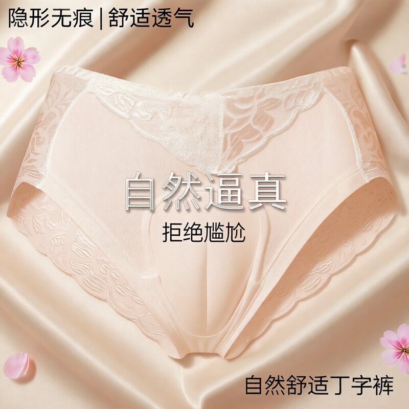 大码CD伪娘蕾丝透明男扮女变装内裤性感大佬男假阴隐藏jj三角裤头