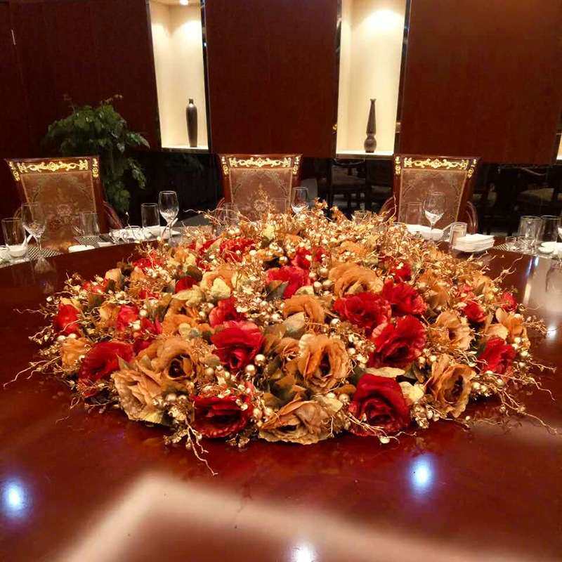 欧式餐桌花摆花酒店大圆桌装饰花圆形台花假花转盘摆设仿真绢花