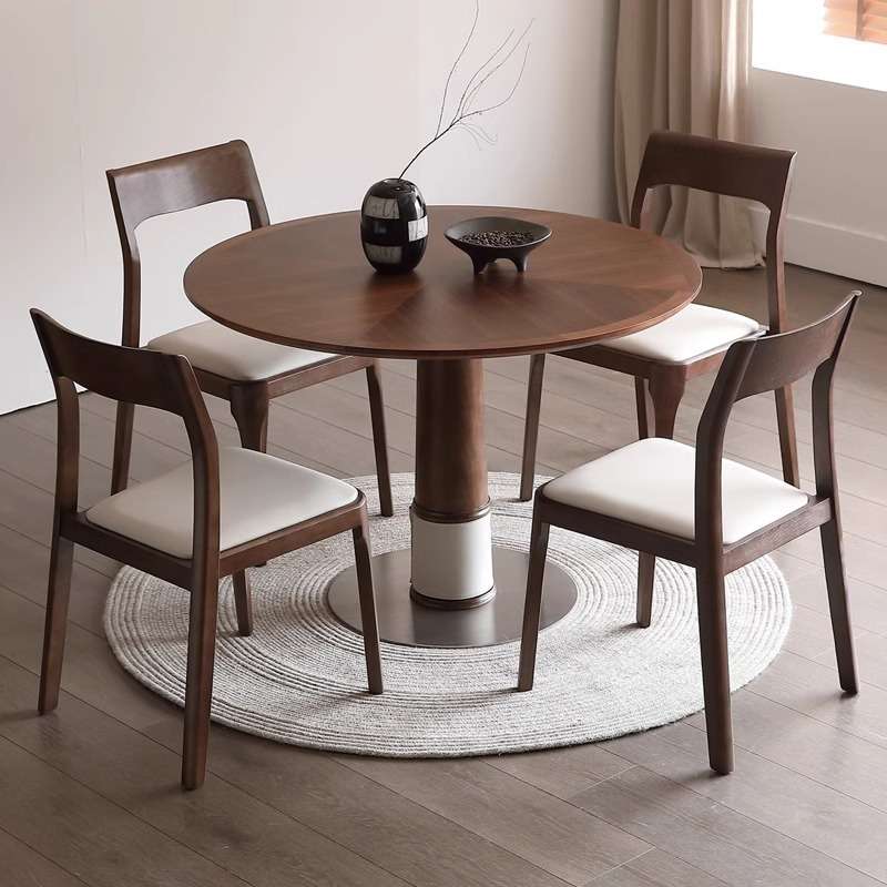 北欧圆形餐桌北美黑胡桃木复古拼花实木饭桌家用小户型餐桌椅组合