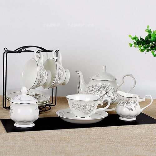 陶瓷咖啡杯套装欧式简约金边骨瓷咖啡杯带架子杯碟下午茶茶具logo