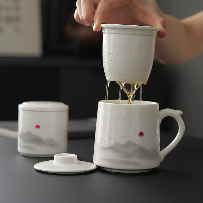水墨羊脂玉泡茶i杯带过滤三件套办公室茶水分离杯子个人专用马克