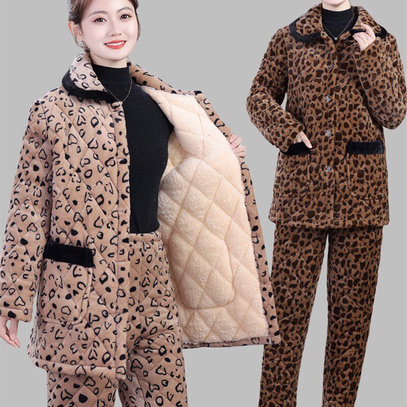 冬季加绒加厚棉衣套装女士洋气妈妈装H加厚棉服大码棉袄棉裤两件