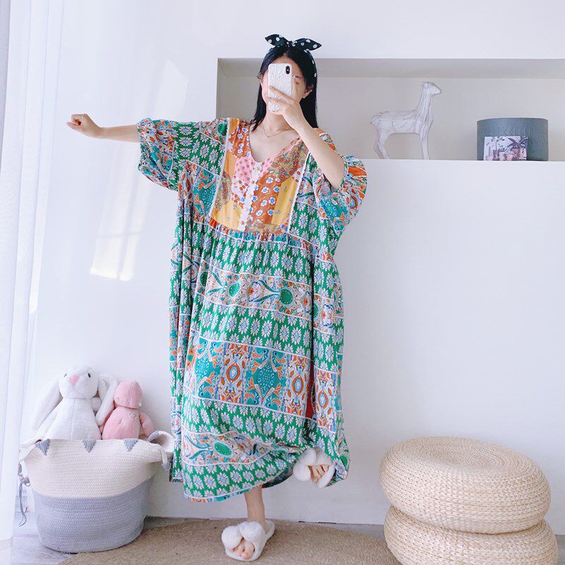 名族风花边中袖防凸点加长大码绵绸棉睡裙宽M松孕妇胖MM人棉家居