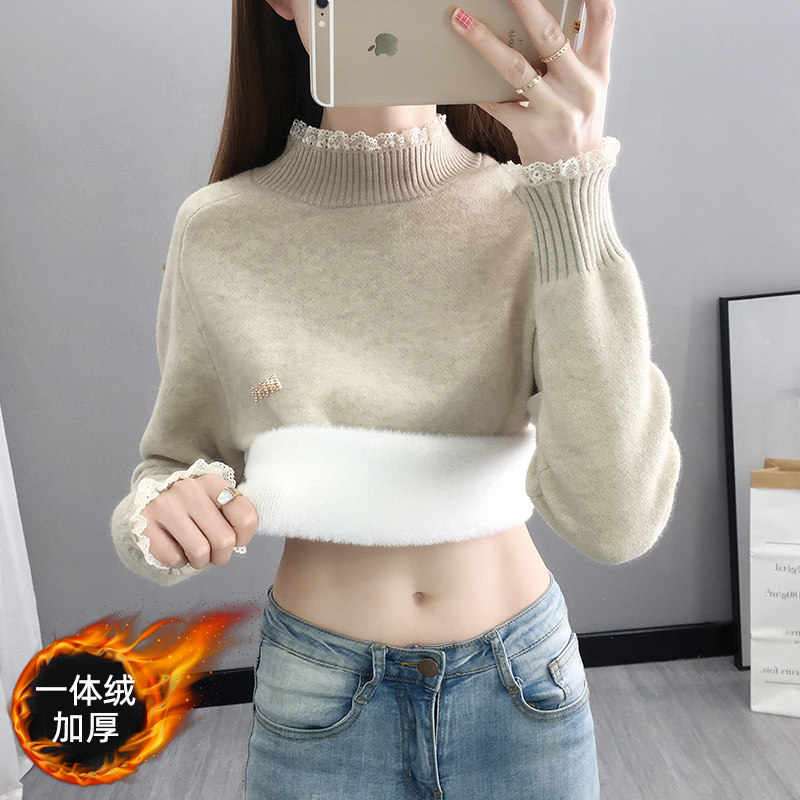 秋冬新款半高领蕾丝毛衣女v冬装内搭一体绒加绒打底衫加厚洋气百
