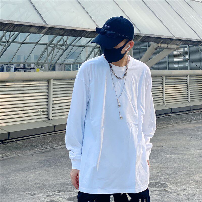 基础款纯色白色加长打底衫长袖T恤百搭圆领宽松男女可定制DIY