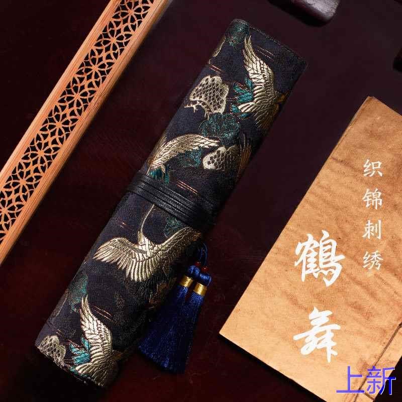 竹羽堂 中国风 烫金织锦流 苏笔帘笔袋 水彩画笔笔帘 毛笔笔帘新