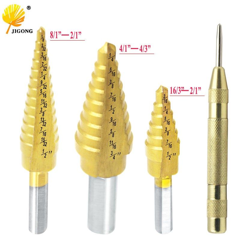 记工英制三角柄高速钢直槽镀钛阶梯钻3件套小3pc 金色中心冲样冲