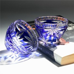 日式江户切子玻璃清酒烈酒杯蓝色套色手工刻花日本硝子家用主人杯