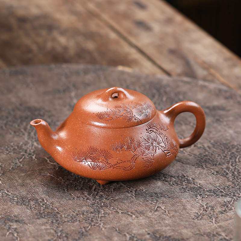 宜兴紫砂壶源头 一件代发纯手工刻绘松风茶壶汉棠石瓢240ml