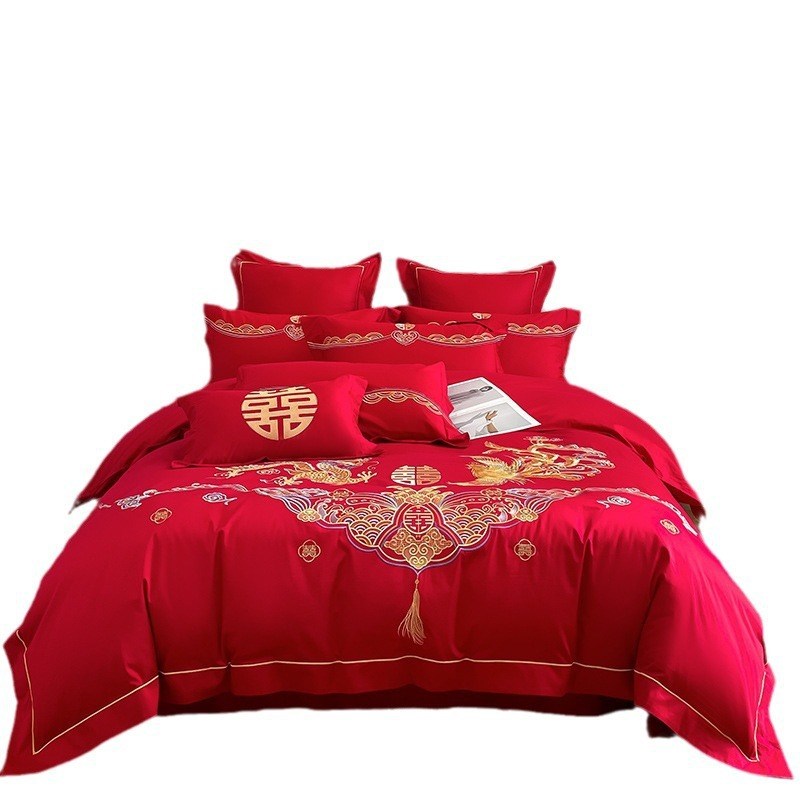 结婚被套四件套被磨毛床单龙凤喜床上用品大婚庆棉红色刺绣