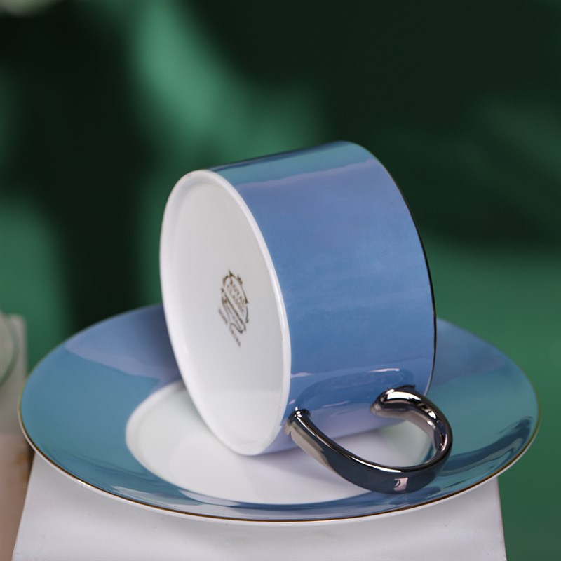 咖啡拉花杯圆柱形大口径奶茶杯银边纯棕色骨瓷卡其色陶瓷杯碟