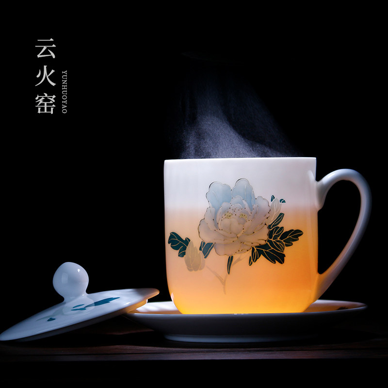 醴陵手绘茶杯陶瓷带盖办公室v会议带碟杯家用水杯子非骨瓷礼品定