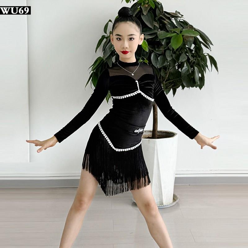高级儿童拉丁舞练功服女专业舞蹈裙D表演训练服秋冬幼儿拉丁舞服
