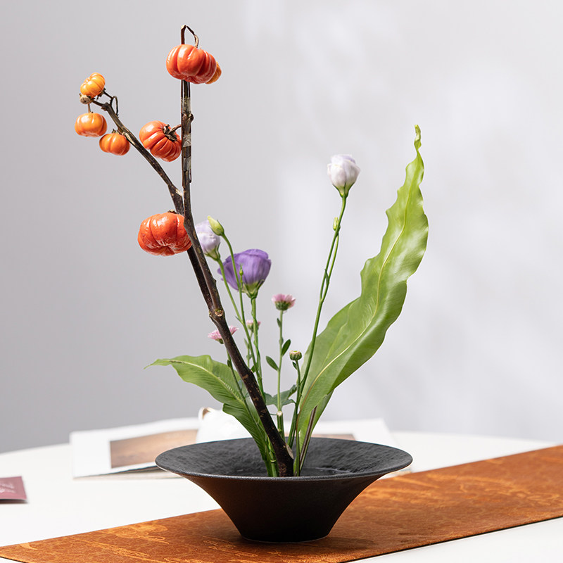 陶瓷花器浮雕岩石纹茶室茶席y桌面高脚插花器皿中式插花底座剑山