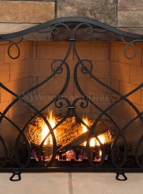 欧式黑色铁艺壁炉隔断镂空屏风防火围栏带网新品靠墙金属壁炉铁架