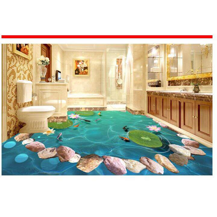 3D金鱼鹅卵石立体地板画打印自粘地贴防滑浴室酒店PVC地板贴