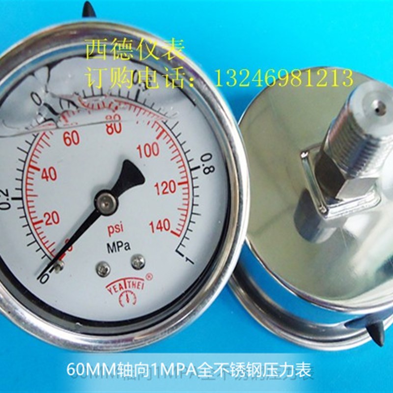60MM轴向0-1MPA全不锈钢压力表,耐腐蚀压力表,耐高温压力表