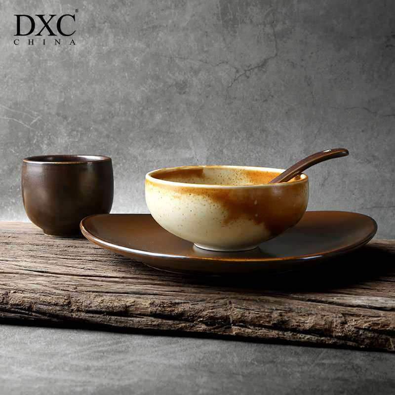DXC酒店用品复古餐厅商用摆台餐具 加厚中餐主题宴会陶瓷碗碟勺杯