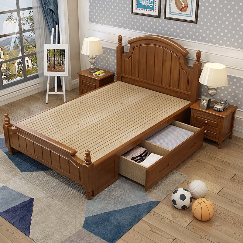 #实木床1.2米单人床成人1米35小户型美式床1.5M抽屉储物气压高箱