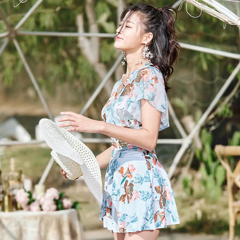 女士时尚连体蕾丝泳衣 裙式遮肚显瘦新款韩版大码温泉泳装女