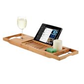 甄选竹制浴缸收纳盒木制浴室托盘可拉伸阅读架平板支架手机托盘酒