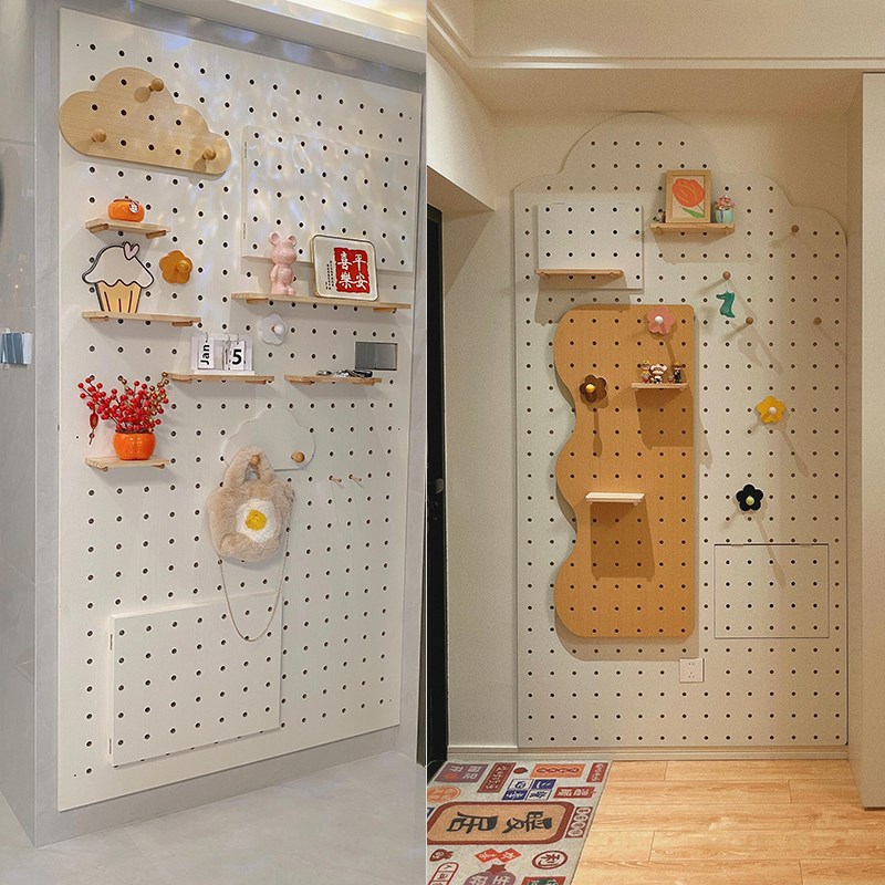 玄关洞洞板定制置物架木质展示收纳墙云朵收纳架墙上挂衣架带镜子