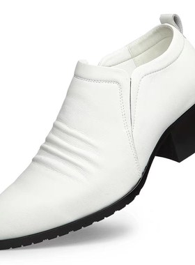 新款皮鞋男尖头韩版潮流内增高一脚蹬休闲鞋发型师高跟白色男鞋子