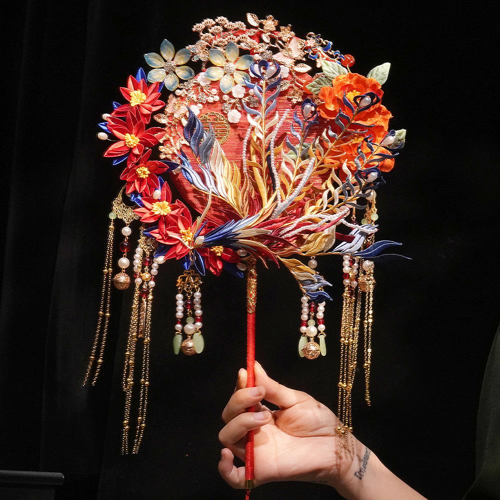 非遗缠花出嫁秀禾婚礼团扇结婚手工喜扇双面重工新娘材料包成品