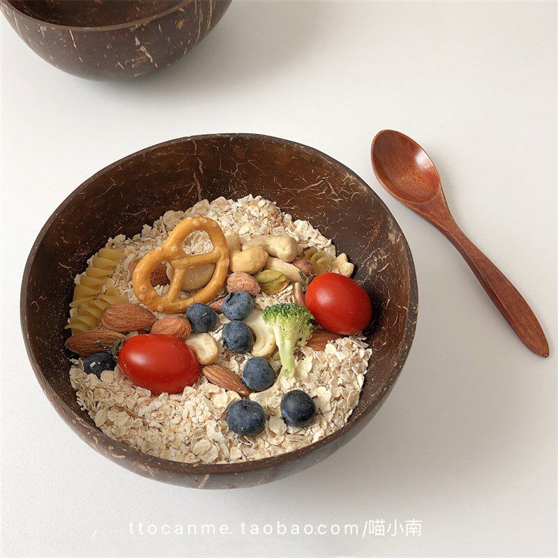 ins纯天然椰子碗 大肚木碗创意沙拉炒饭韩国博主同款甜品碗小众