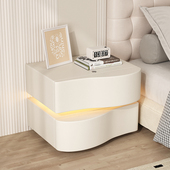 实木床头柜简约现代奶油风床边柜2024新款 带灯家用卧室床头收纳柜