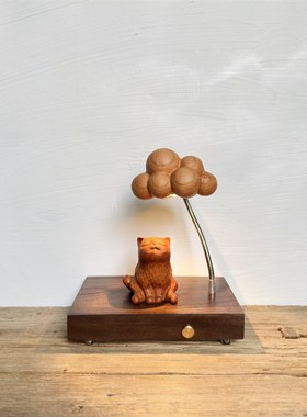 原木风木雕猫咪小众卧室床头民宿创意礼品装饰氛围木质摆件小夜灯