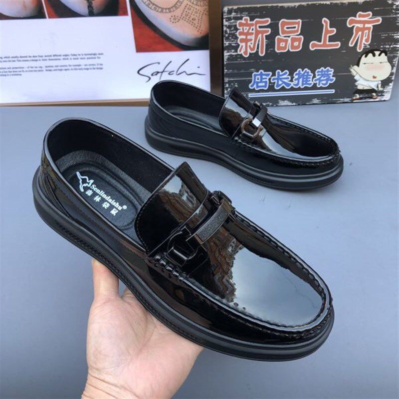 新款亮面漆皮豆豆男鞋韩版潮流休闲鞋英伦厚底增高正装皮鞋潮春秋