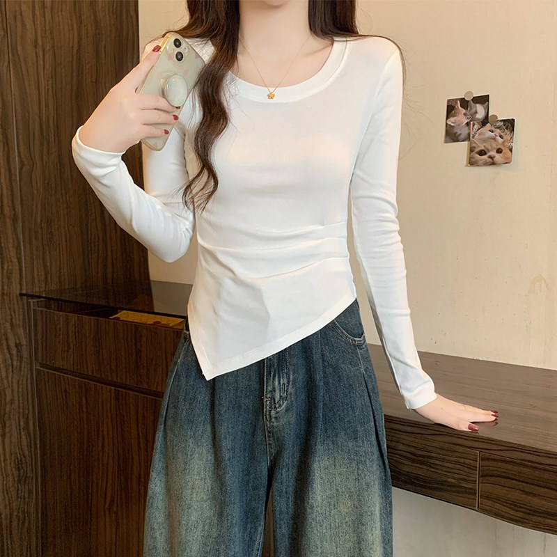 白色圆领加绒打底衫女2025新款冬季保暖不规则下摆洋Z派内搭长袖
