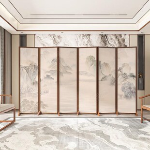 新中式原木折叠移动屏风加底座隔断办公室茶叶店酒店遮挡水墨国画