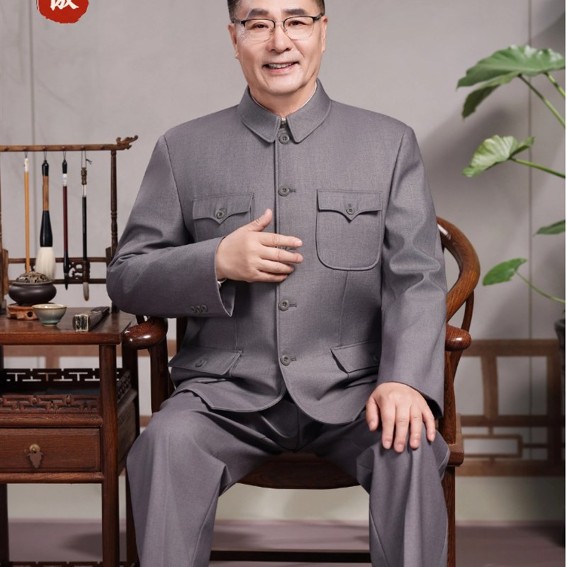 精品浅银灰色夏季薄款中山装套装中老年怀旧老年人中山服套装